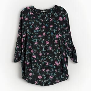 Pink Rose Sheer Black Floral Blouse Womens Sz L Boho Garden Fairy Hi-Lo hem EUC